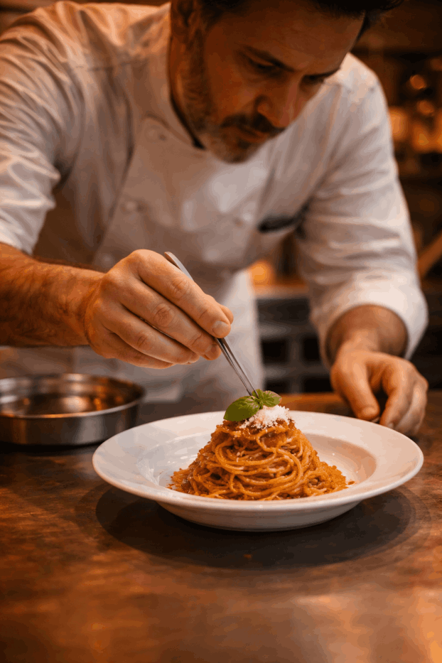 Chef plating pasta